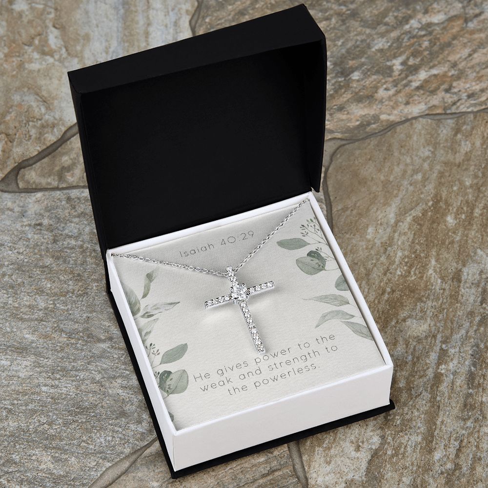 Cubic Zirconia Cross Necklace With Isaiah 40:29 Bible Verse Message Card
