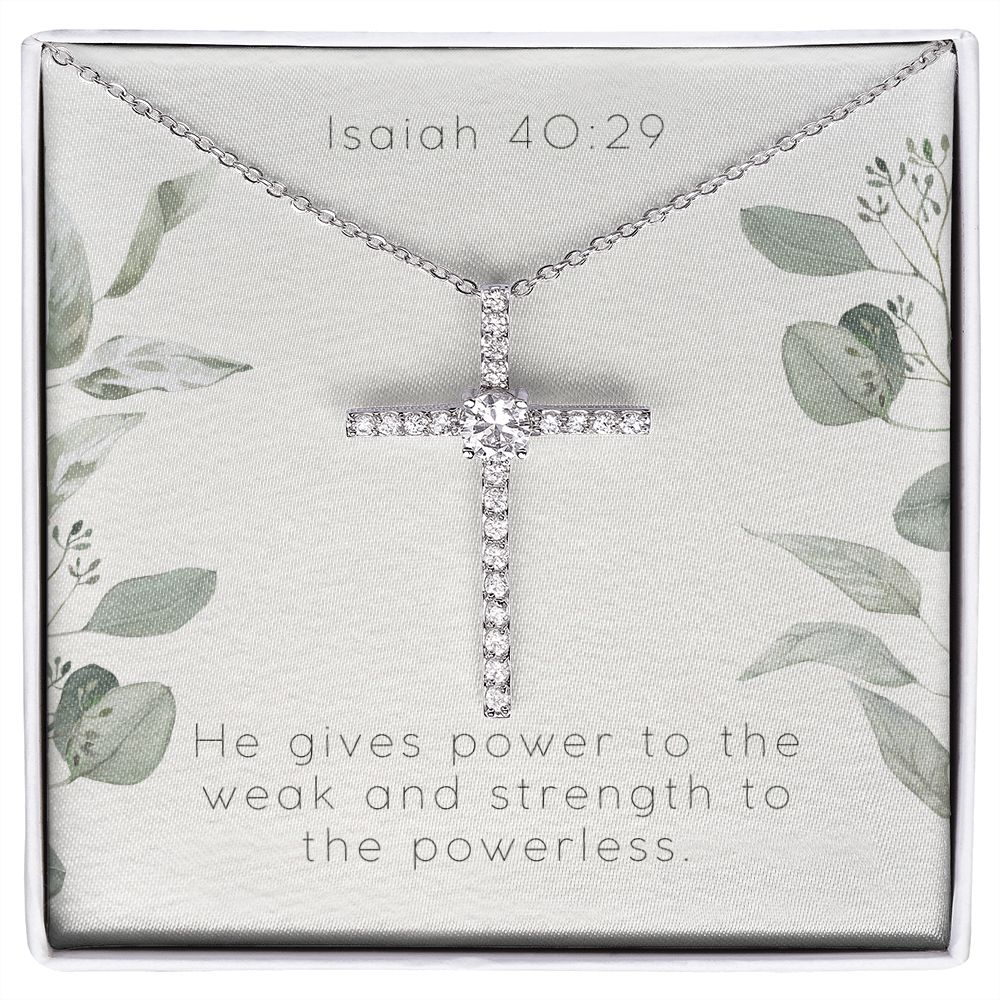 Cubic Zirconia Cross Necklace With Isaiah 40:29 Bible Verse Message Card