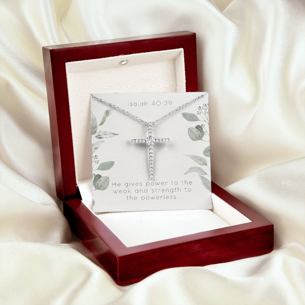 Cubic Zirconia Cross Necklace With Isaiah 40:29 Bible Verse Message Card