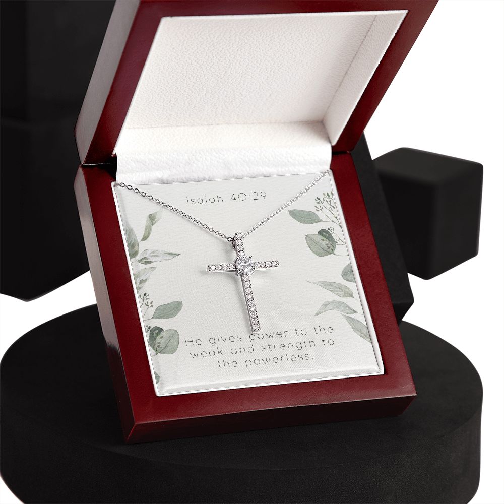 Cubic Zirconia Cross Necklace With Isaiah 40:29 Bible Verse Message Card