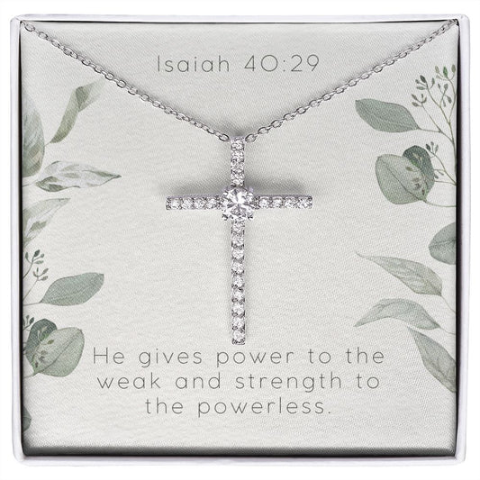 Cubic Zirconia Cross Necklace With Isaiah 40:29 Bible Verse Message Card
