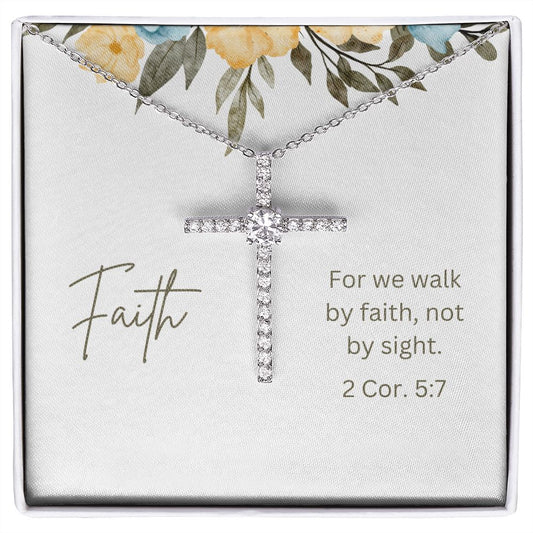 Cubic Zirconia Cross Necklace With 2 Corinthians 5:7 Bible Verse Message Card